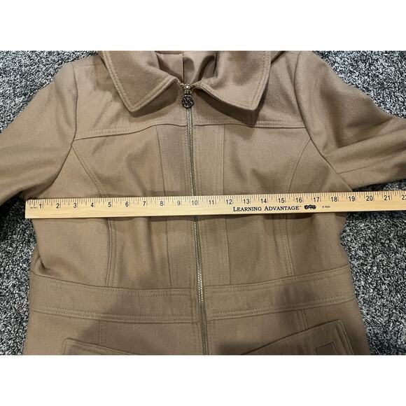 Michael Kors Beige Camel Tan Wool Blend Trench Overcoat Detachable Hood Womens L - Picture 10 of 15